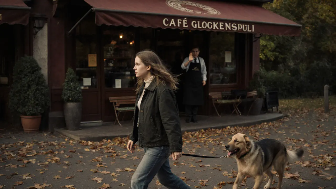 Lilli strolls through Englischer Garten with her dog, a local café visible in the soft background.