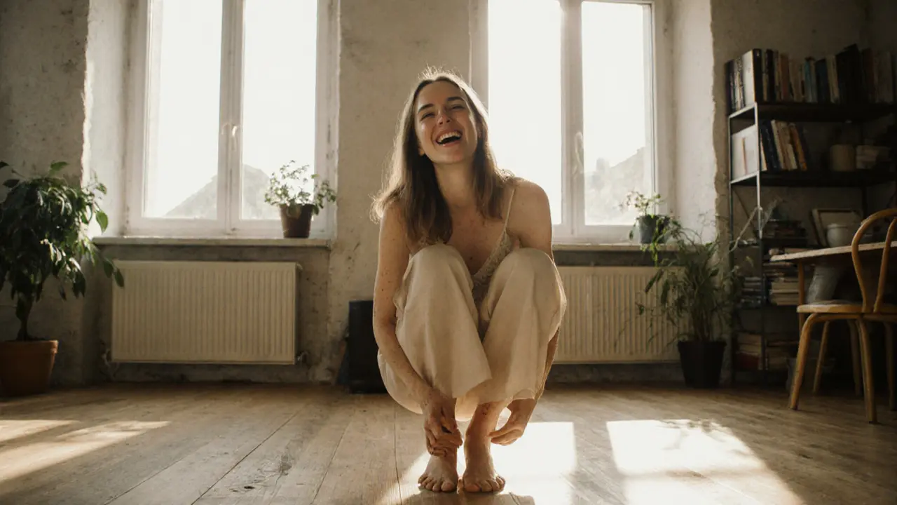 Lilli Vanilli in a sunlit Munich loft, laughing naturally at the camera, barefoot and unmade-up.
