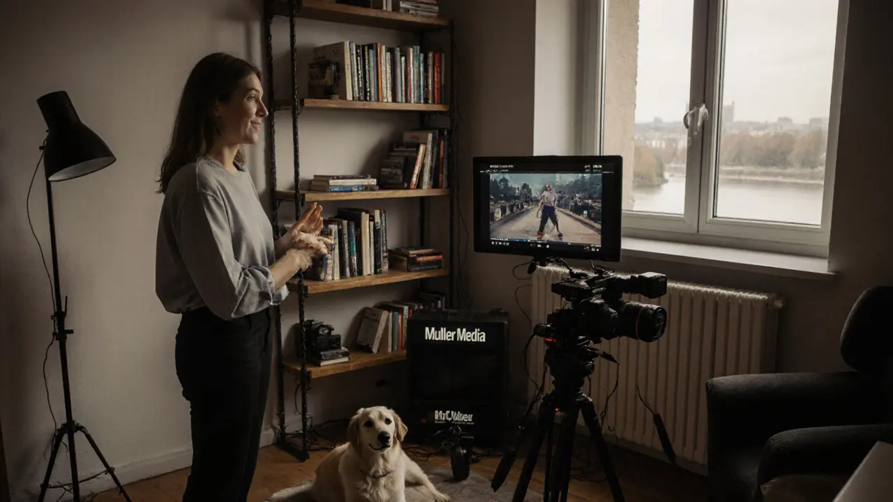 Melanie Müller in her Schwabing studio, reviewing footage with her dog beside her and the Isar River visible through the window.