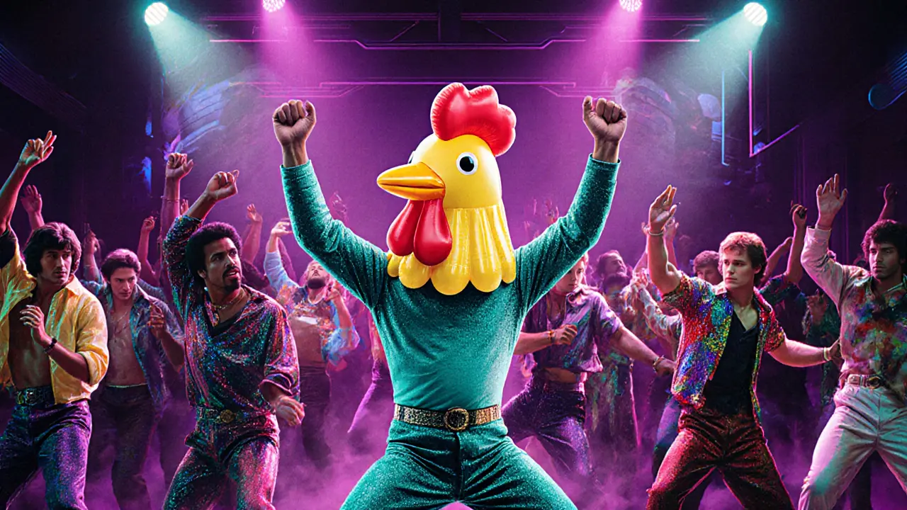 Men doing the Macarena in vintage disco style, one wearing a chicken head, surrounded by glitter and glowing lights.