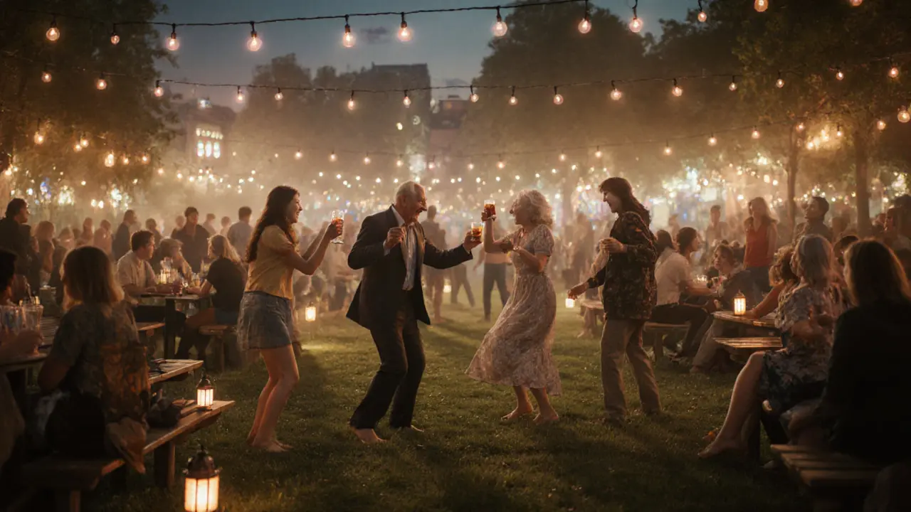 Nighttime beer garden turned dance floor with fairy lights and diverse guests enjoying music.