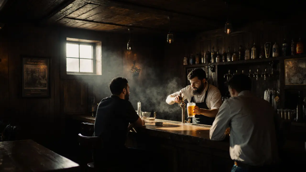 Patrons conversing quietly in Der Wirt, bartender pouring Helles beer under low wooden ceiling.