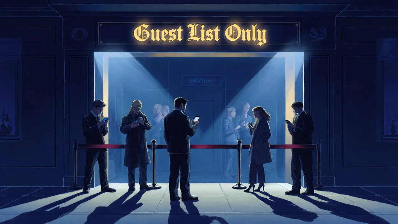 People arriving at a nightclub entrance in elegant attire, bouncer at velvet rope, soft lighting.