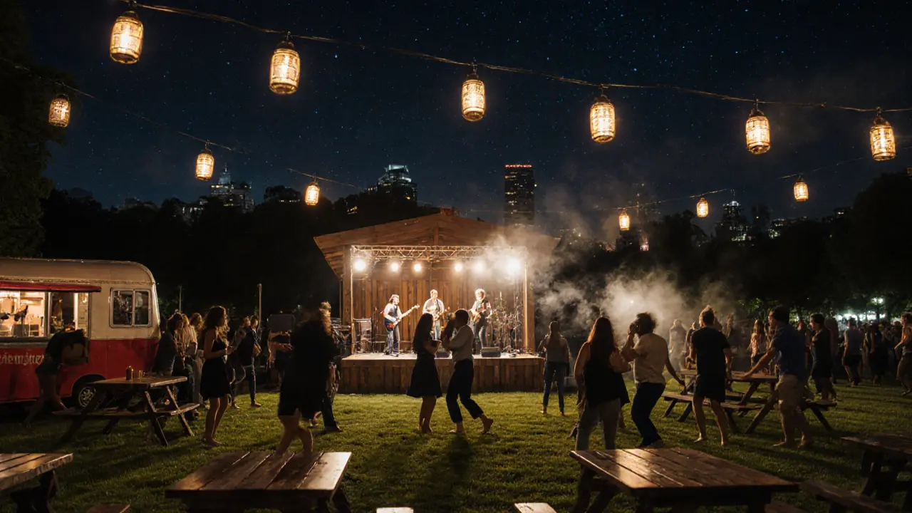 People dancing at Prater Garten under string lights and stars, with live music and picnic tables turned into dance floors.