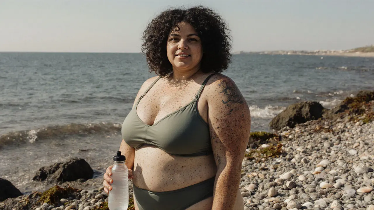 Plus-size model in sustainable swimwear standing on a rocky shore, natural skin texture visible.