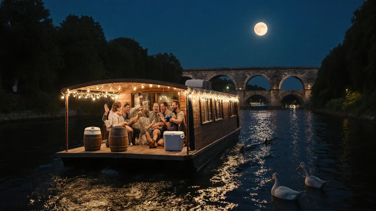 Private houseboat floating on the Isar River at night with string lights and friends laughing on deck.