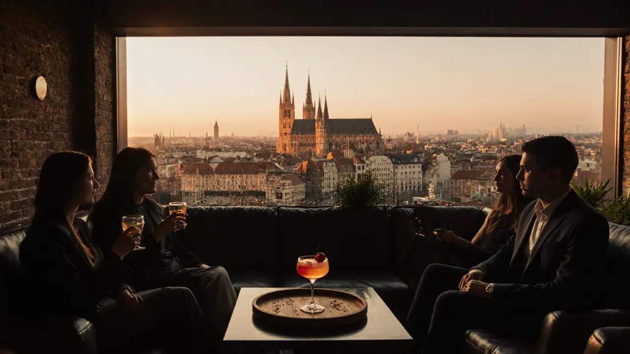 Rooftop lounge at Alte Kanzlei at sunset, city lights glowing behind gin cocktails on leather sofas.