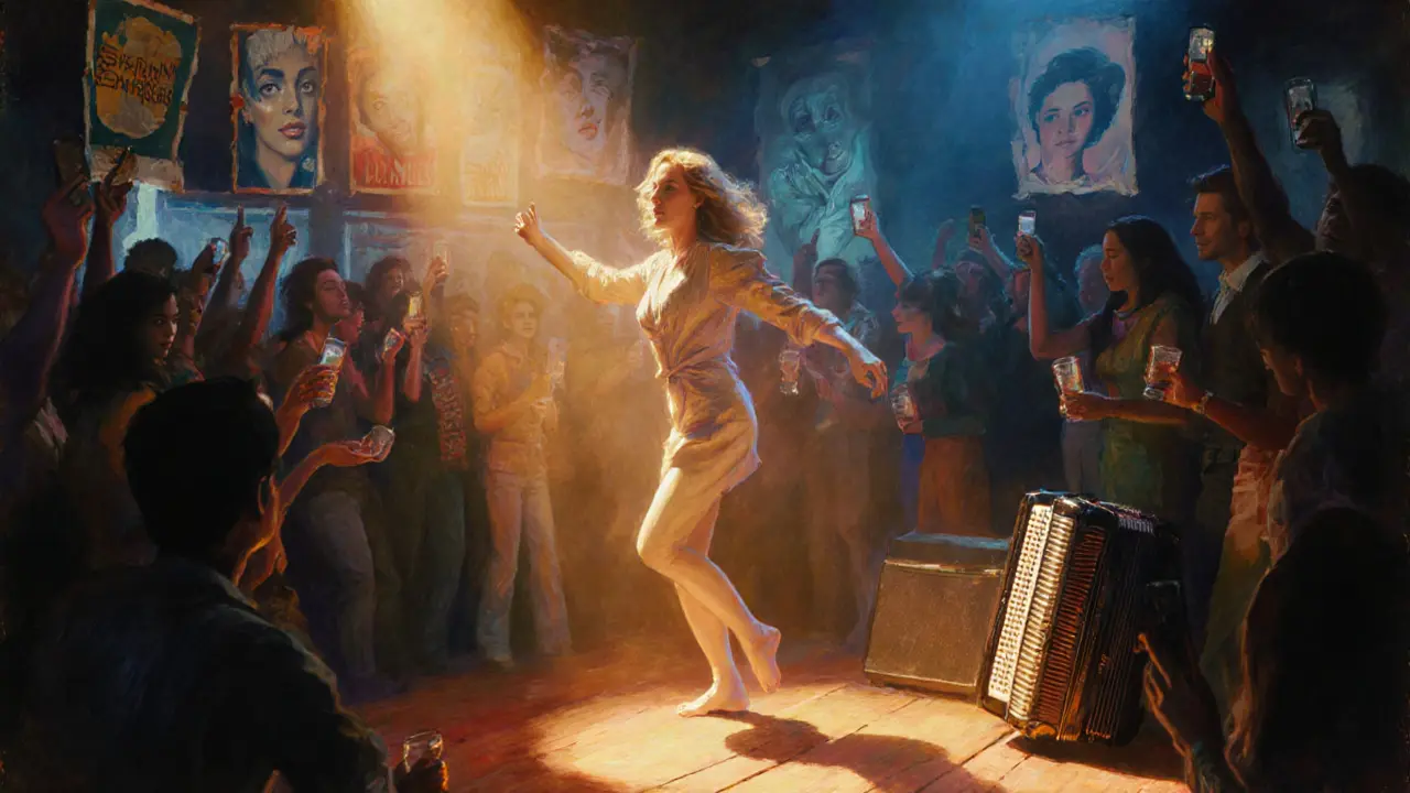 Sandra Star dances in a dim club under a single beam of light, surrounded by cheering fans.