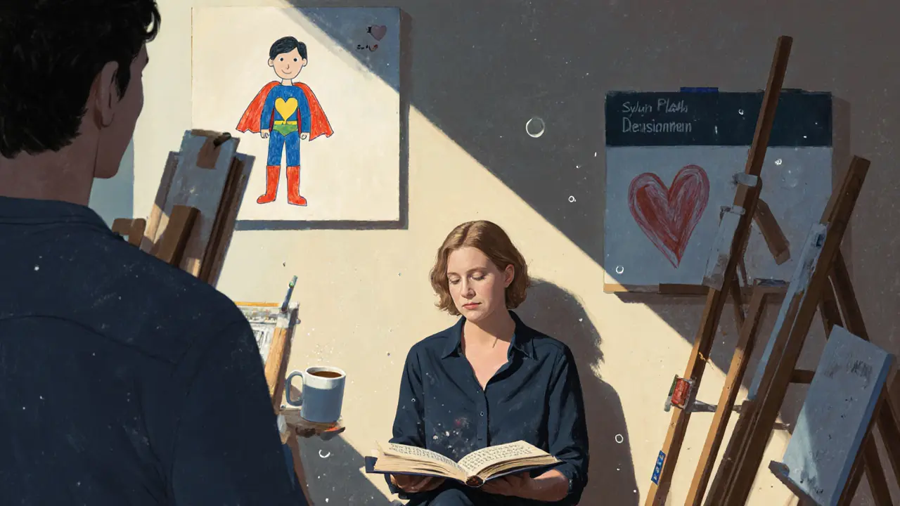 Sandra Star quietly reading poetry in an art studio, surrounded by painters in soft light.