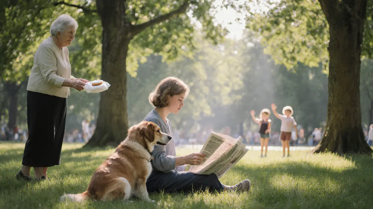 Sandra Star reading in Englischer Garten with her dog, an elderly woman offering her cake.