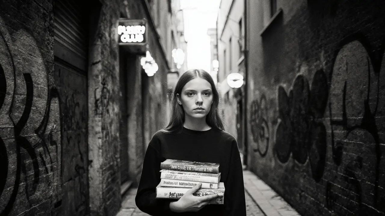 Sibylle Rauch in a narrow Munich alley, holding books, under flickering neon lights.