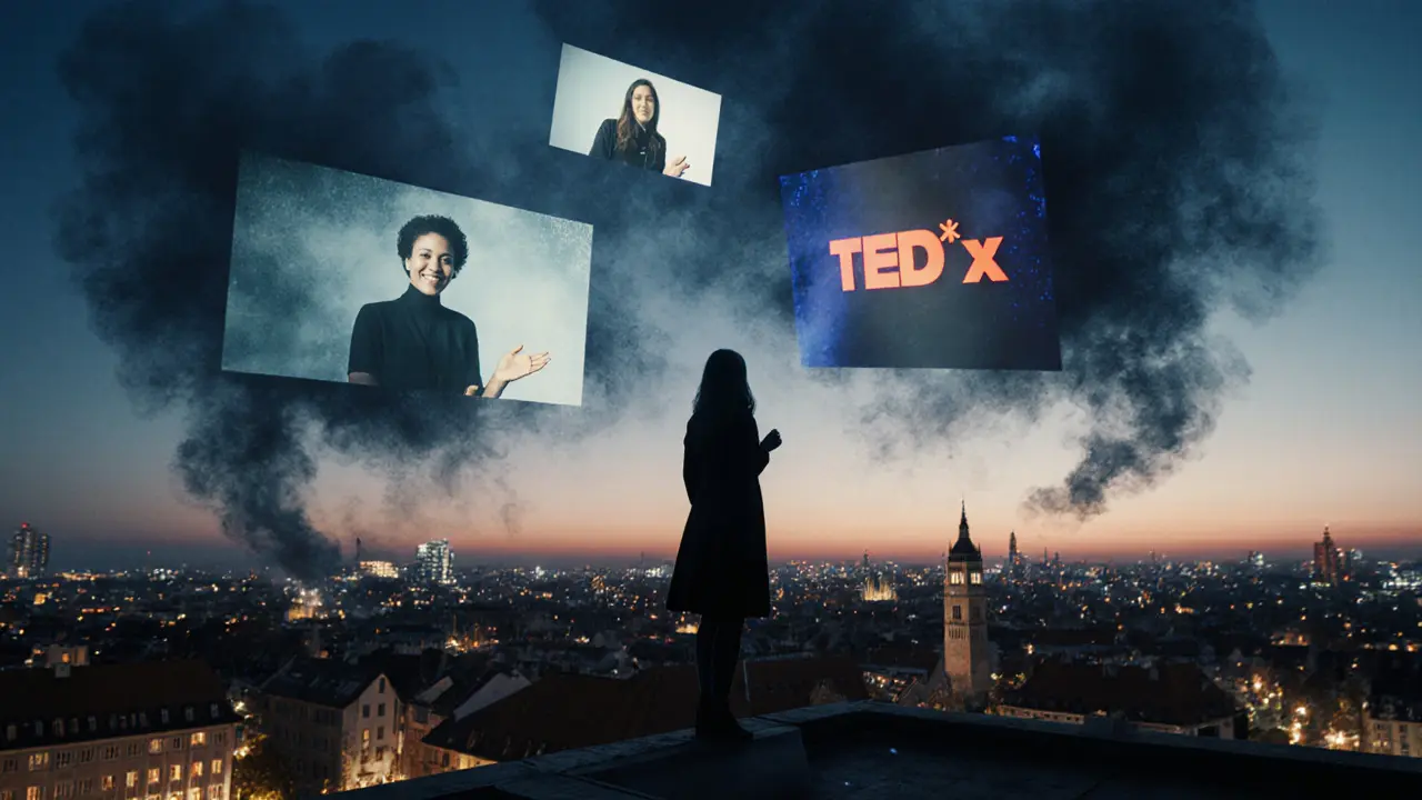Silhouette of Melanie Müller on a Munich rooftop at dusk, her influence represented by floating translucent images above the city.