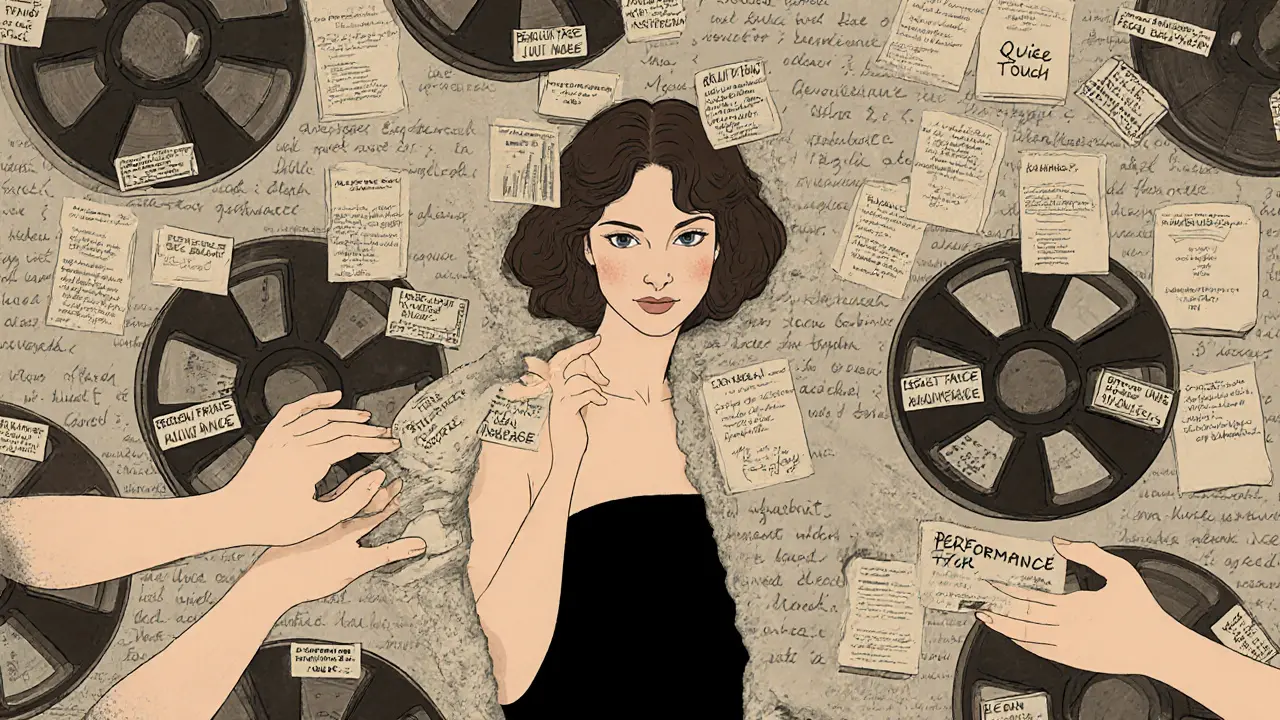 Silhouette of Tyra Misoux dissolving into film reels and handwritten notes, symbolizing her enduring legacy in cinema.