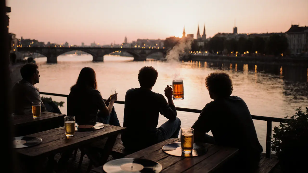 Silhouettes of friends sitting by the Isar River at sunrise after a night out.