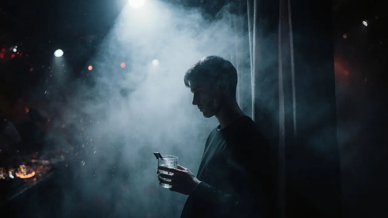 Solo person in a quiet club zone, eyes closed, holding water, distant music lights glowing.