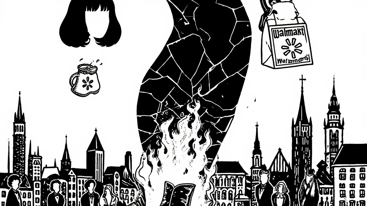 Surreal silhouette of Texas Patti towering over Munich, her body made of glowing fire and shattered porcelain.