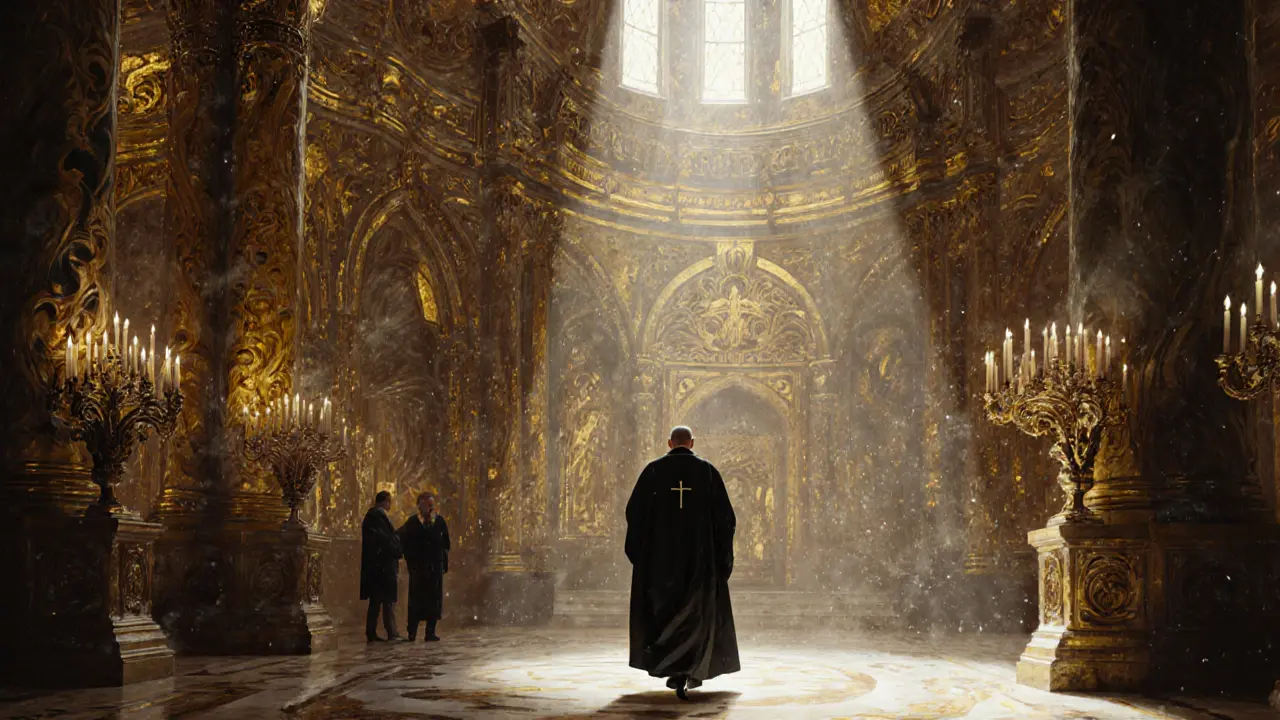 The golden, ornate interior of Asamkirche, lit by candlelight, with a priest walking quietly on marble floors.