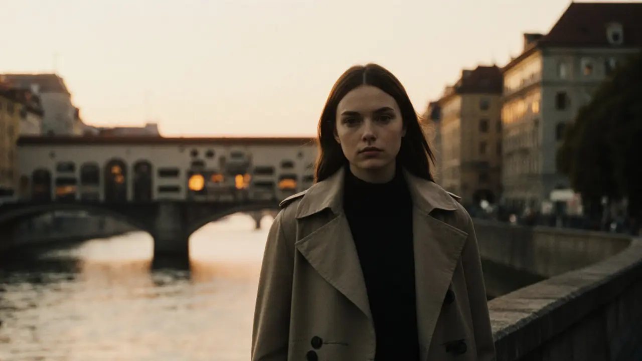 Tyra Misoux walking along the Isar River at dusk in Munich, wearing a trench coat, city lights reflecting softly.