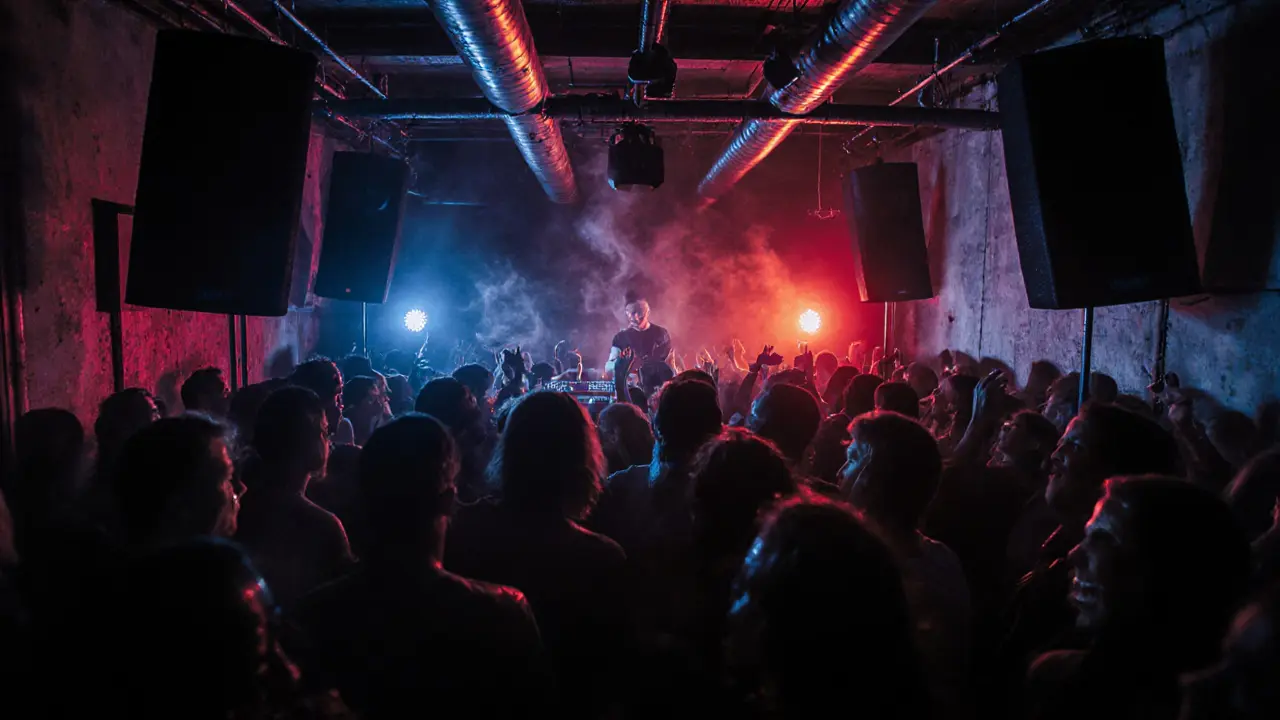 Underground techno club with dark lighting, pulsing crowd, and towering speakers, raw and intimate night out.