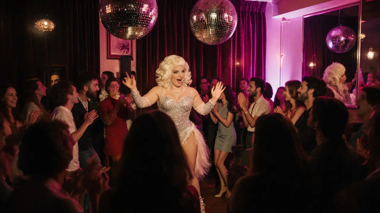 Vibrant drag performance at Schumann’s, diverse crowd dancing under glittering lights, warm pink and purple ambiance.