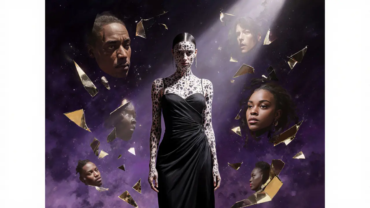 Winnie Harlow in a black gown with vitiligo skin glowing under dramatic light, broken mirrors around her.