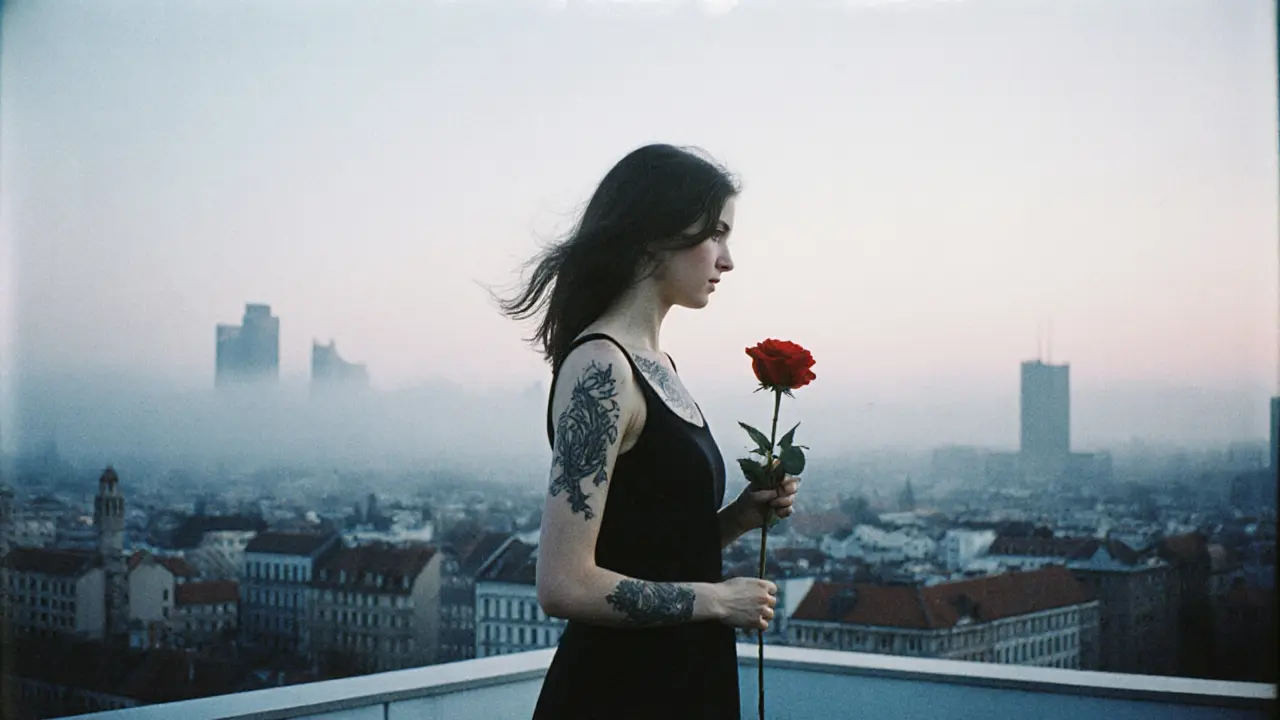Woman barefoot on a Munich rooftop at dawn, holding a red rose, city mist below.
