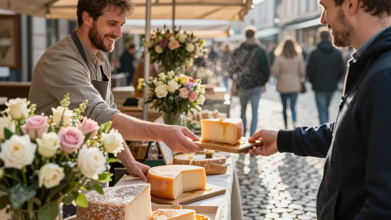 A cheese vendor offering honey-drizzled Gouda at Viktualienmarkt, morning light on wet flowers and stone.