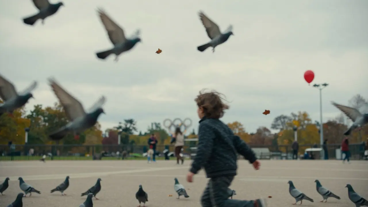 A child chases pigeons in blurred motion near Olympic Park, a single red balloon caught on a lamppost, autumn leaves swirling in the wind.