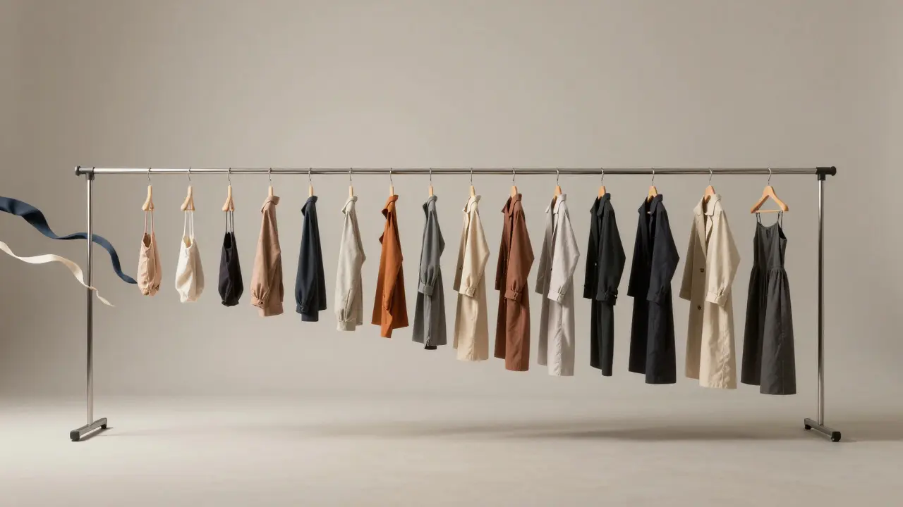 A clothing rack morphing into a spectrum of diverse bodies wearing perfectly fitted garments, symbolizing inclusive fashion design.