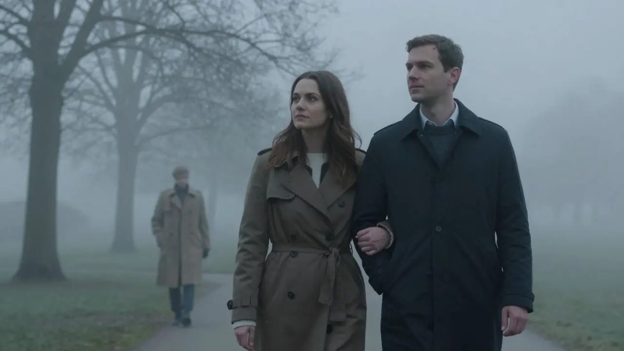 A couple walks hand in hand through a misty park, the escort fading into the background as a symbol of renewal.