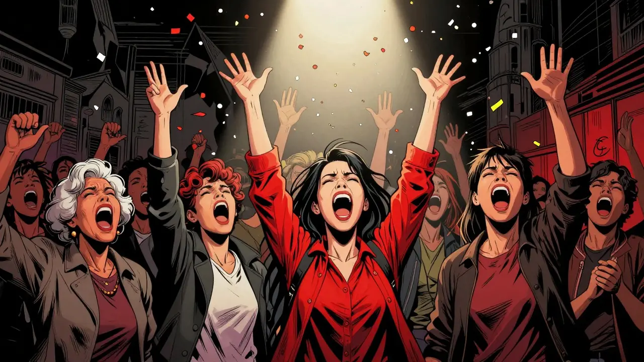 A crowd screams in unison under a single spotlight, glitter and confetti exploding around them in chaotic emotional release.