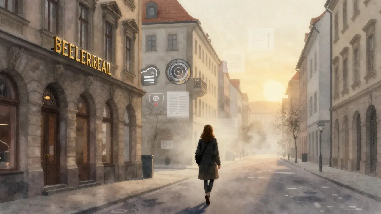 A figure walking away from Munich at dawn, with symbolic images fading behind her toward a glowing horizon.