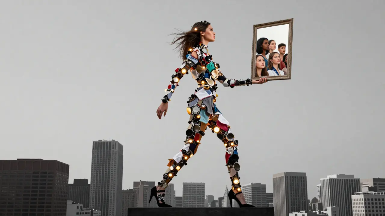 A giant silhouette of a supermodel made of light and fabric, stepping over a city with diverse women looking up.
