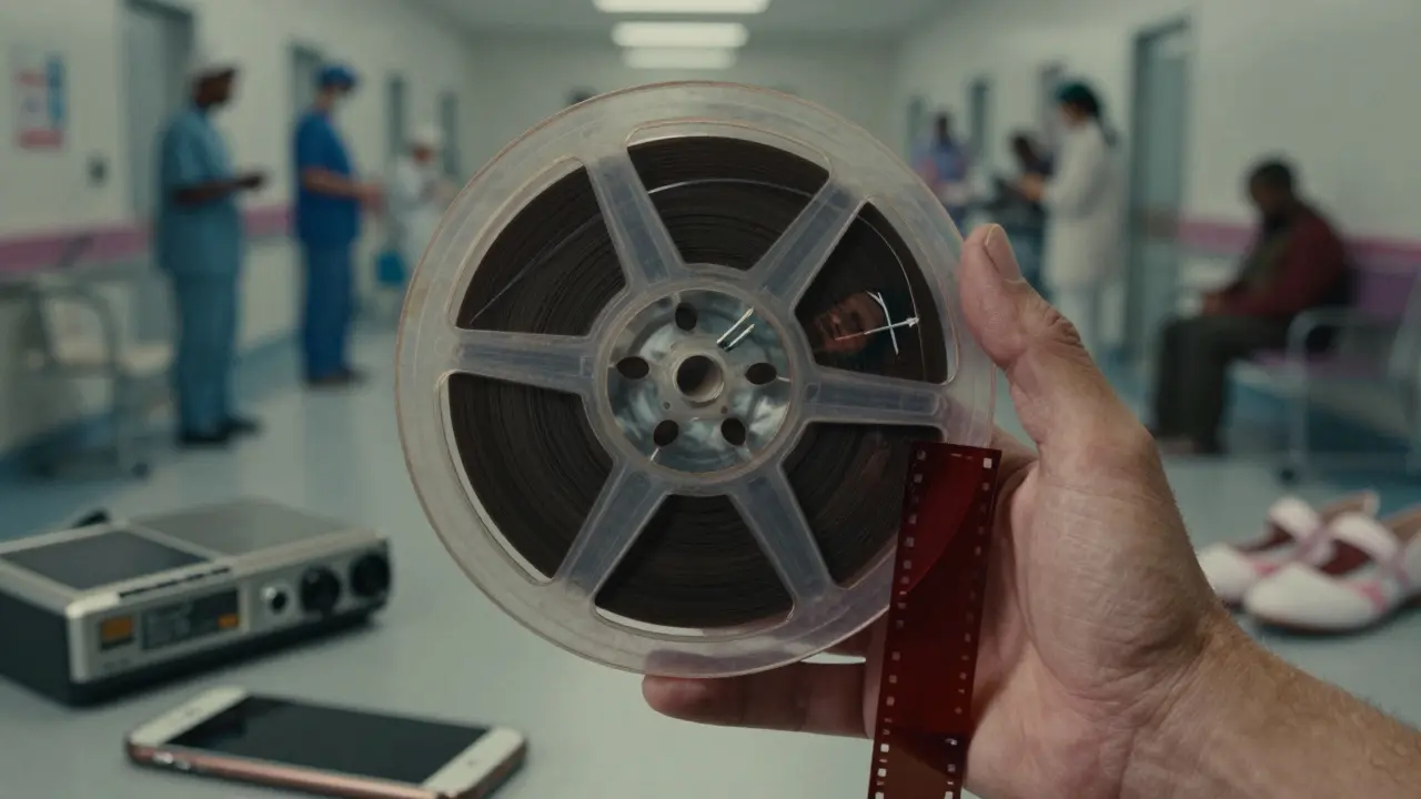 A hand holding a film reel with faint reflections of everyday people’s lives embedded in the celluloid.