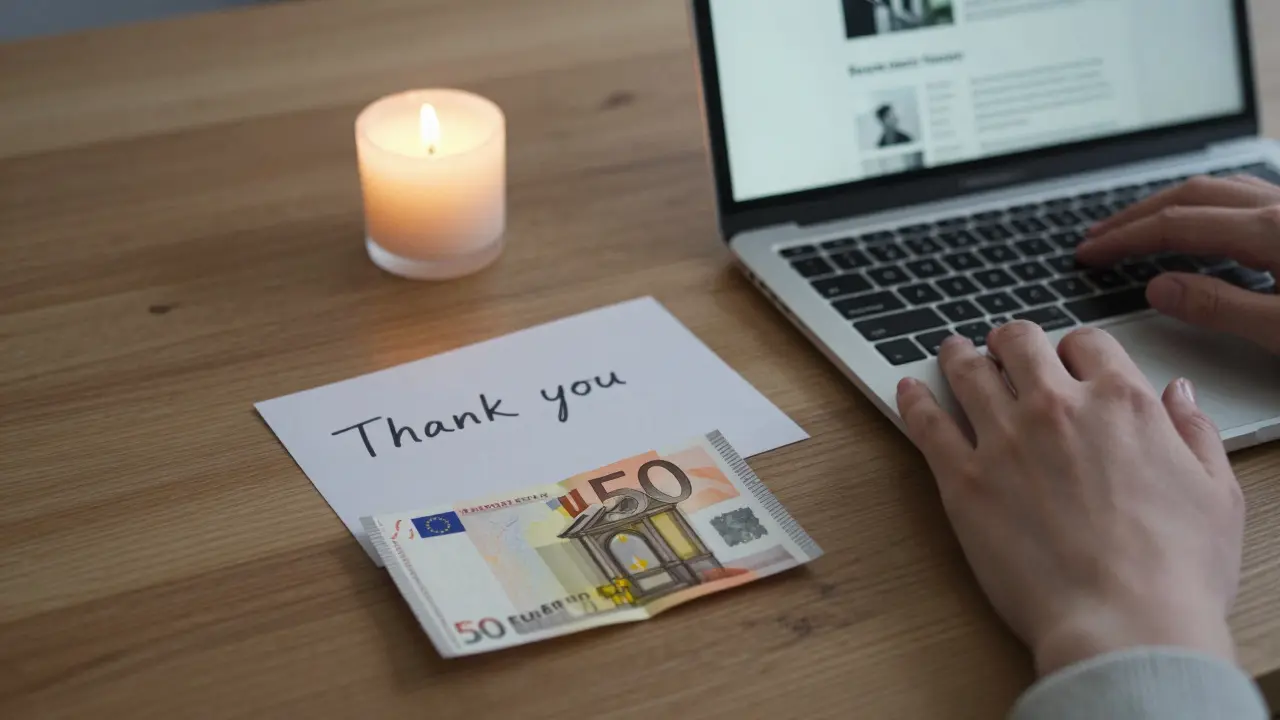 A handwritten thank-you note and money on a wooden table, symbolizing a respectful and emotional encounter.