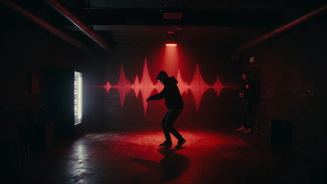 A lone dancer in a hoodie under dim red and black lights in an underground club.