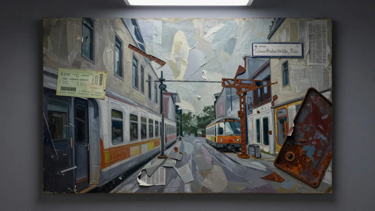 A mixed-media abstract painting with embedded train tickets, newspaper, and rusted metal, evoking urban memory and decay, no visible artist.