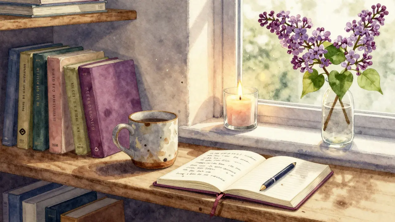 A modest apartment shelf with books, a chipped mug, a notebook, and a blooming lilac branch.