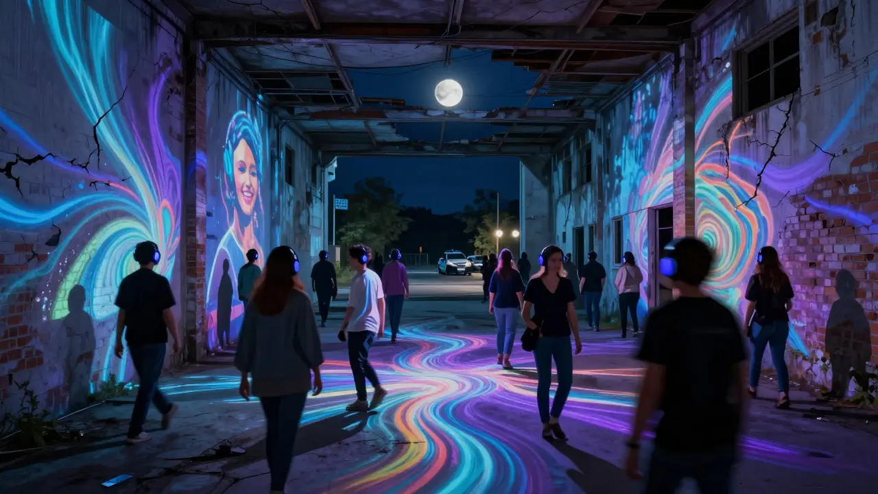 A silent party in an abandoned warehouse with people dancing under colorful light projections.