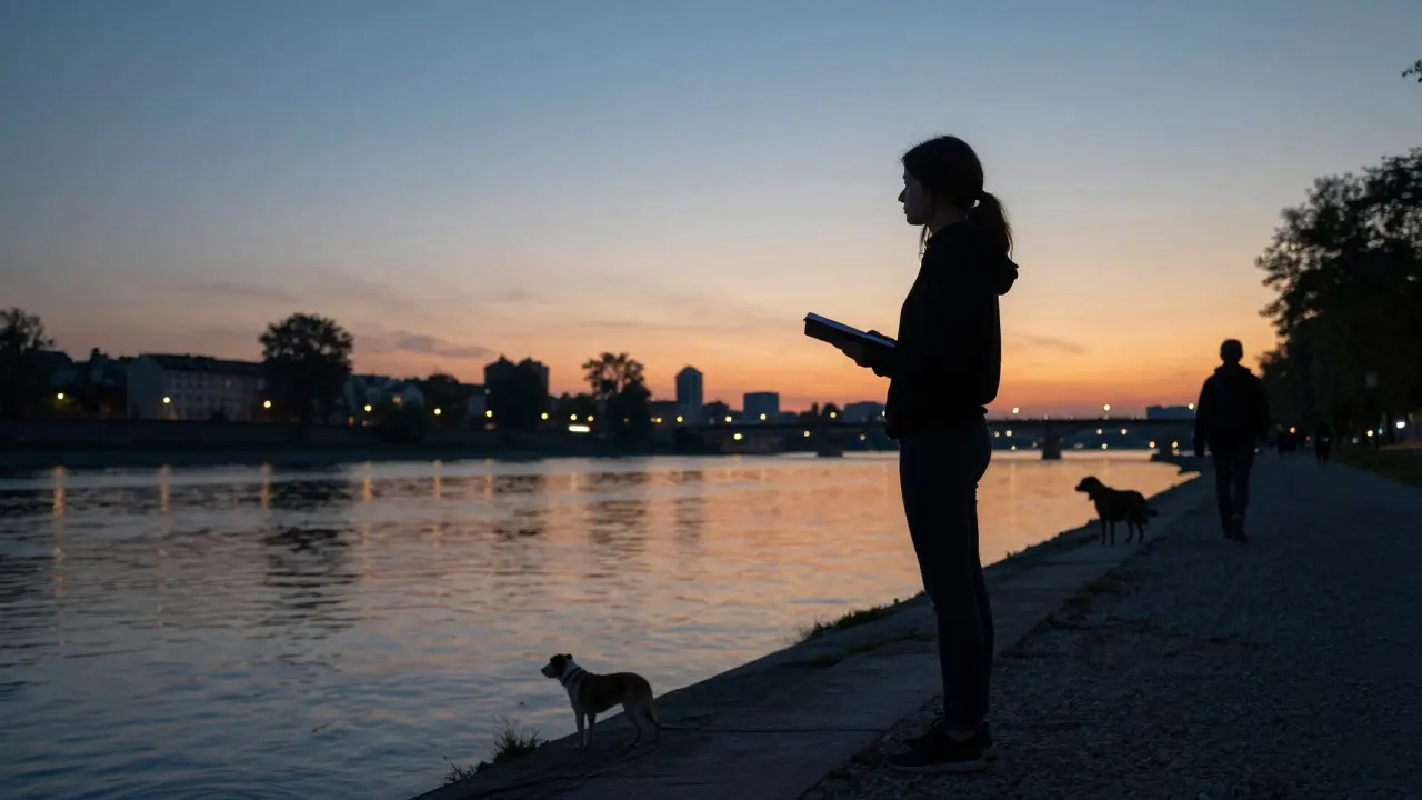 A silhouette stands by a river at dusk, holding a notebook, with city lights reflecting on flowing water.