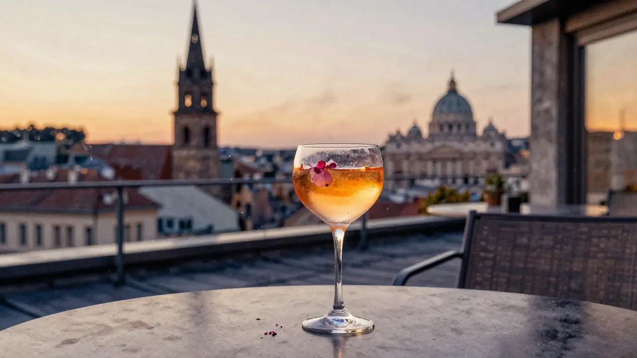 A single cocktail glass on a rooftop terrace at dusk, St. Peter&#039;s Church tower in the background, golden light fading.