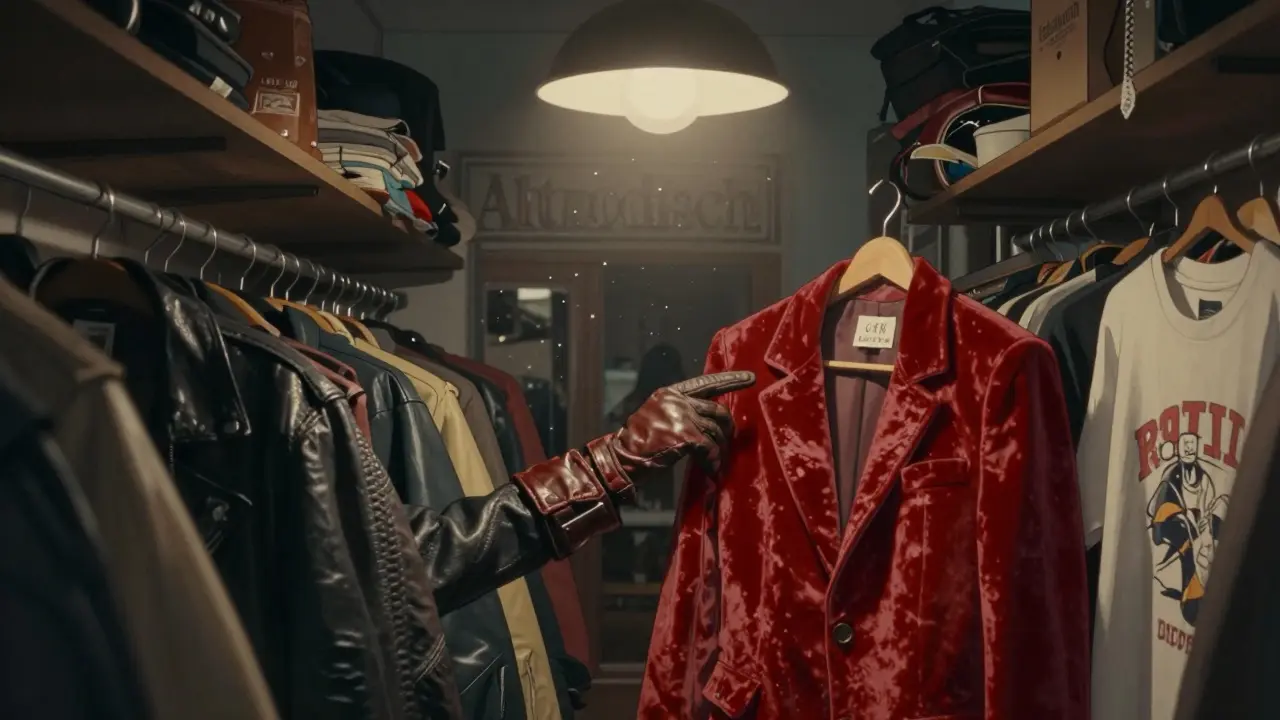 A woman browses vintage clothing racks filled with leather jackets and band tees in a cluttered thrift shop.