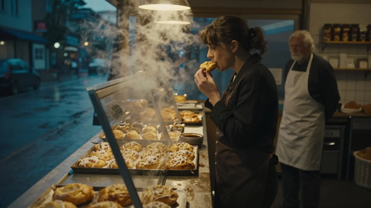 A woman eats a crumb cake at a 2 a.m. bakery, steam rising as rain glistens on the street.