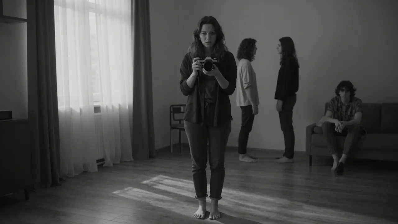 A woman gazing into an old film camera in a quiet apartment at dawn, wearing her own clothes.