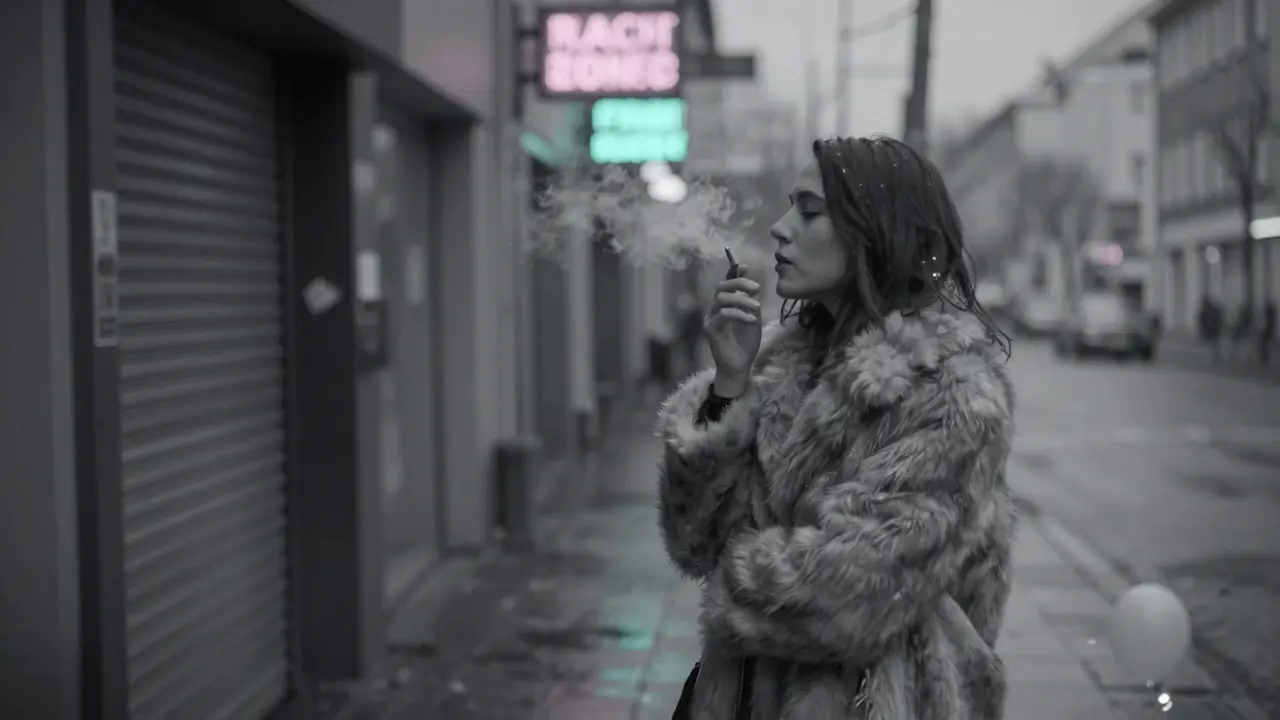A woman in a fur coat smokes outside a closed nightclub, neon lights reflecting on wet pavement at night.