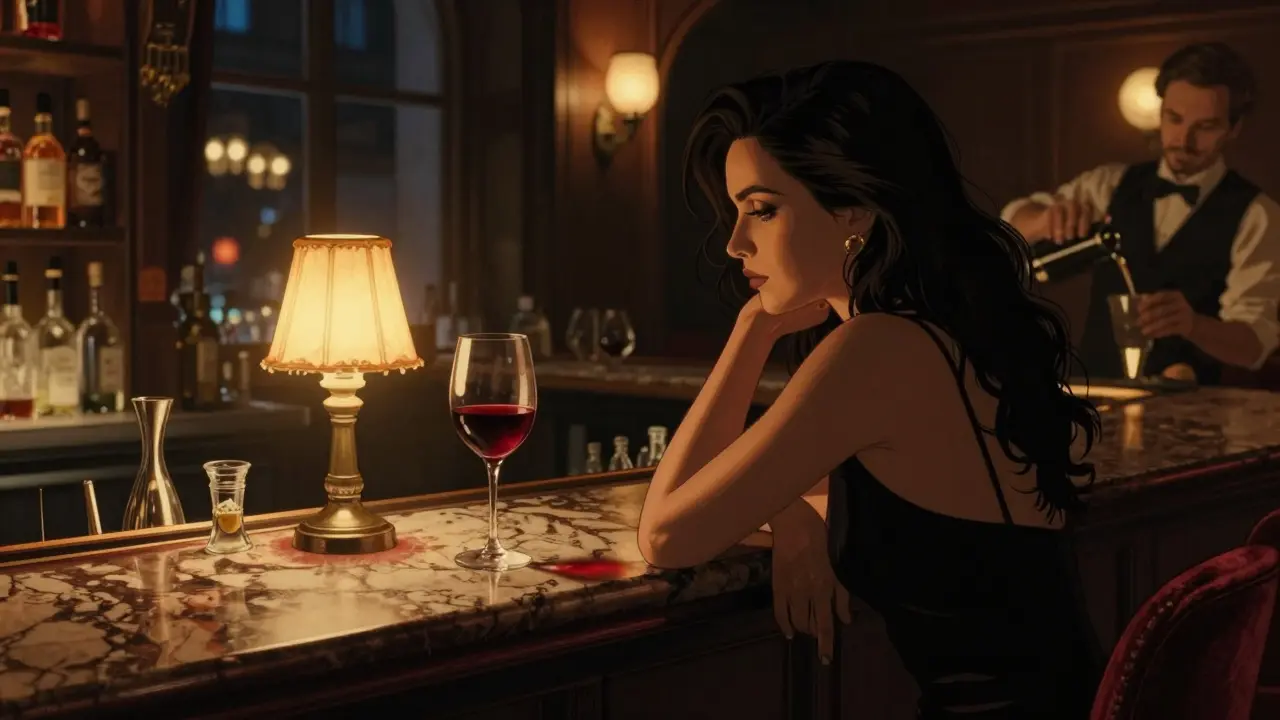 A woman leans at a dimly lit bar in Munich, holding a wine glass, shadows and amber light shaping her silhouette.