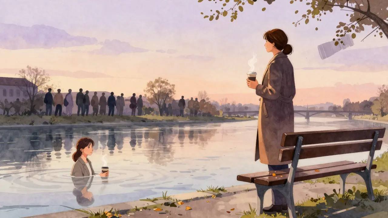 A woman on a riverside bench at sunset, her reflection showing her past self on set, symbolizing personal truth and transition.