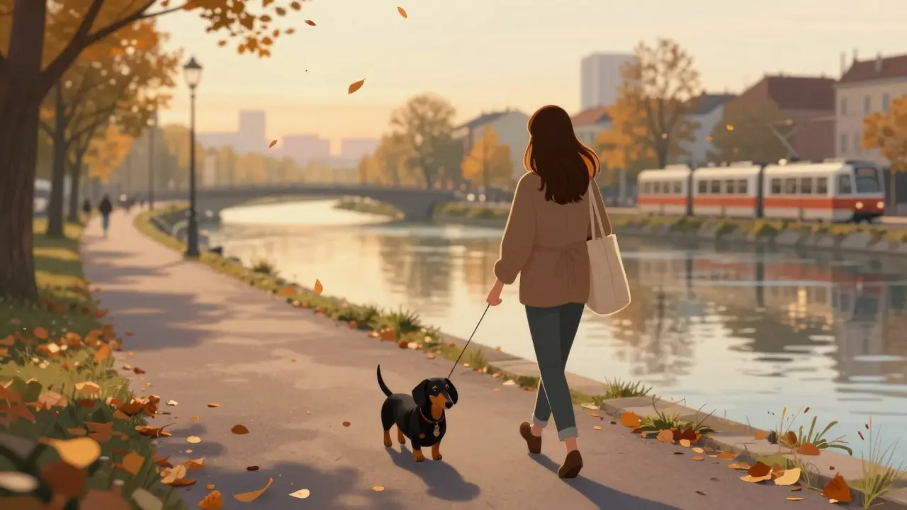 A woman walking her dog along the Isar River at sunset, cloth bag, tram tracks in distance.