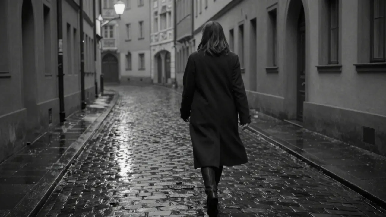 A woman walks away down a wet alley at night, coat trailing, face unseen, footsteps echoing in silence.