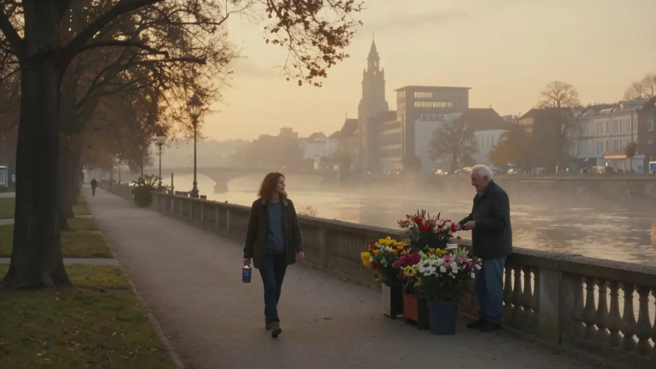 A woman walks through the English Garden at sunrise, passing a flower vendor, carrying a film canister.